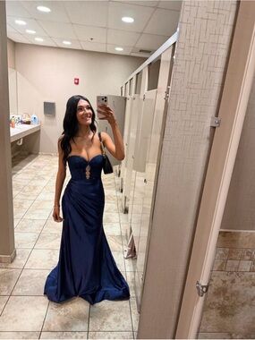 Jovani Sleeveless Lace And Satin Mermaid Prom Dress in Navy Blue